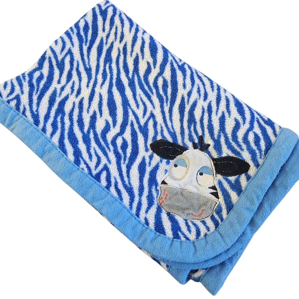 Nuby‎ Baby Boy Blanket Blue White Zebra Animal Print Embroidered Vintage 00s
